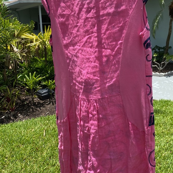 Italian 100% linen dress with navy blue embroidered detail cap sleeves, pockets - Picture 10 of 12